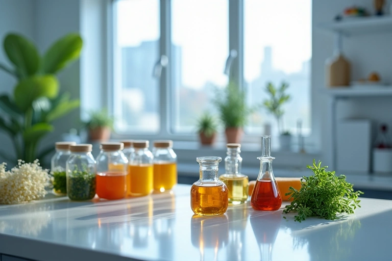 A clean, modern laboratory environment with scientific equipment and natural ingredients being processed, highlighting precision and quality control.