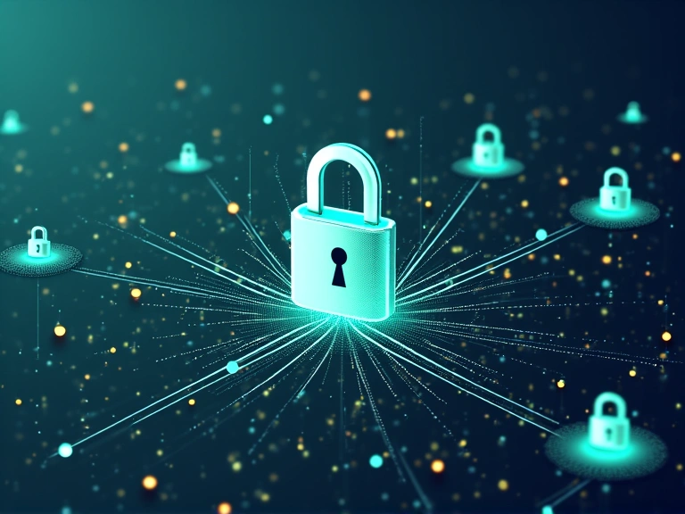 Cybersecurity illustration with a digital lock and network protection
