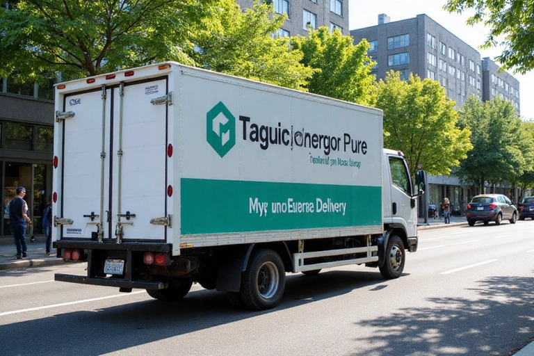 Delivery truck driving through a city